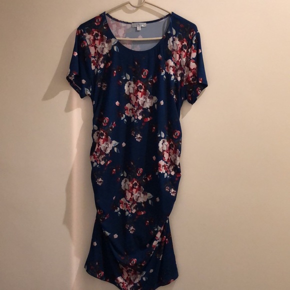 Nine Britton Blue Floral Maternity Ruched Bodycon Short Sleeve Dress size XL - Picture 4 of 7
